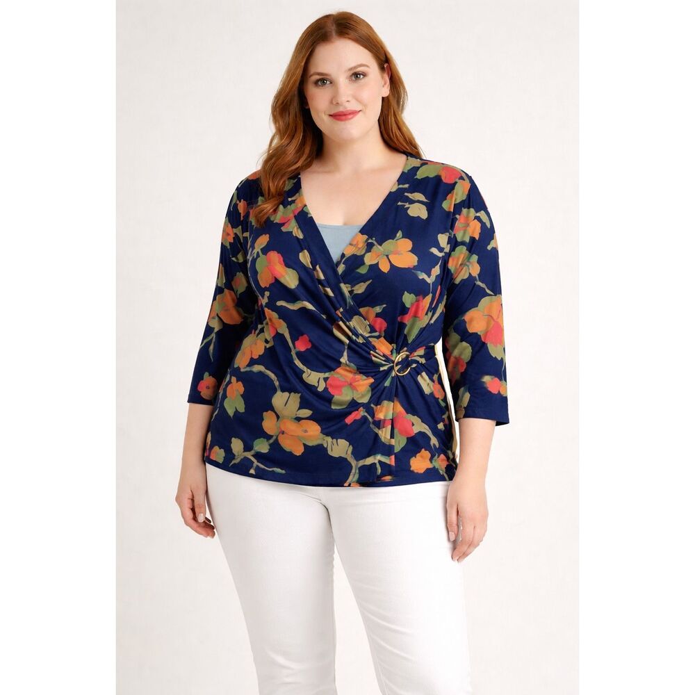 Lauren Ralph Lauren 2X Floral Faux Wrap Top Navy Stretch Jersey